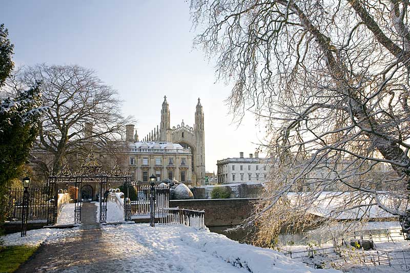 Clare College and King's College Chapel in winter